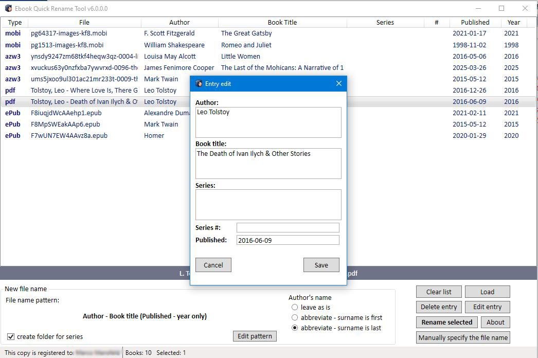 eBook Quick Rename Tool metadata editor interface